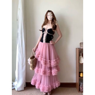 粉色绝美巨好看 半身裙女纱纱裙蛋糕裙仙女长裙 2026新款 夏季