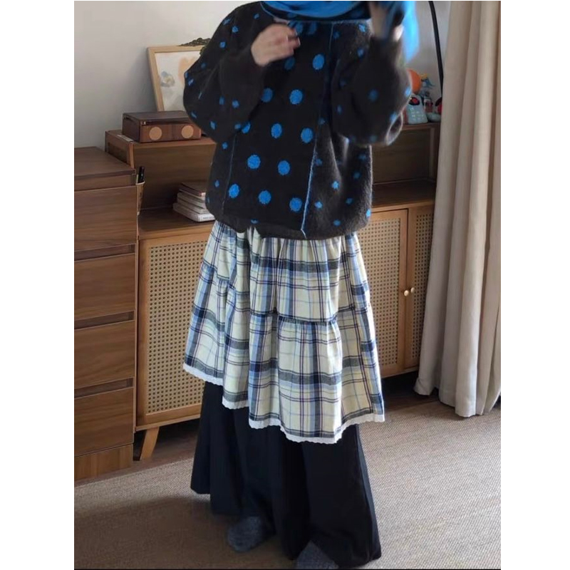 2025秋季新款韩系设计感复古格子拼接假两件宽松休闲裤女