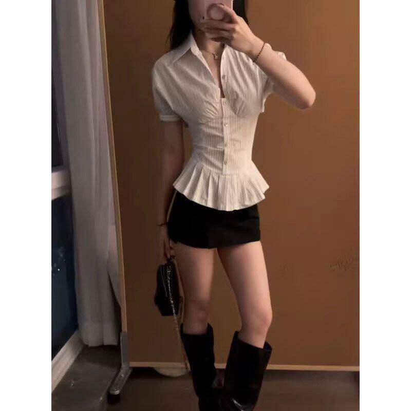 夏季韩系条纹收腰绑带短袖衬衫