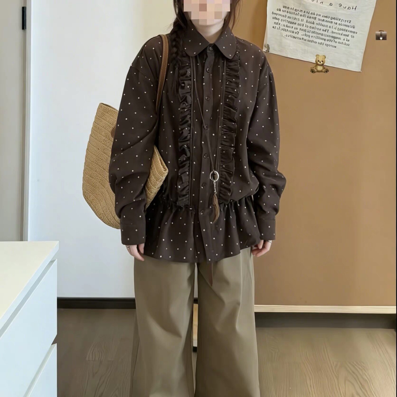 法式复古波点木耳边衬衫女春季