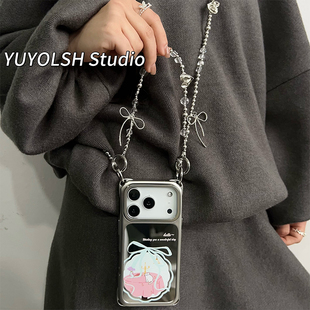 高级感银色蝴蝶结链条斜挎适用于苹果17Pro手机壳镜面猫咪华为pura80Pro背带斜跨小米15Pro挂绳 粉蓝猫语