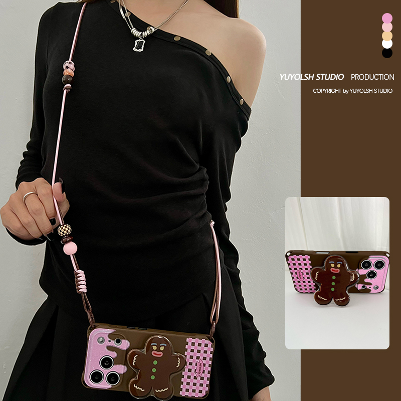 粉闪奶油格支架手机壳斜挎手提绳