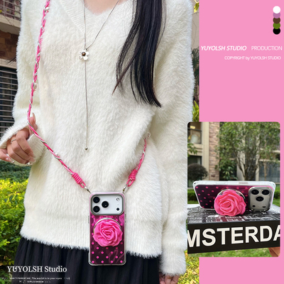 玫紫波点磁吸支架手机壳斜挎挂绳