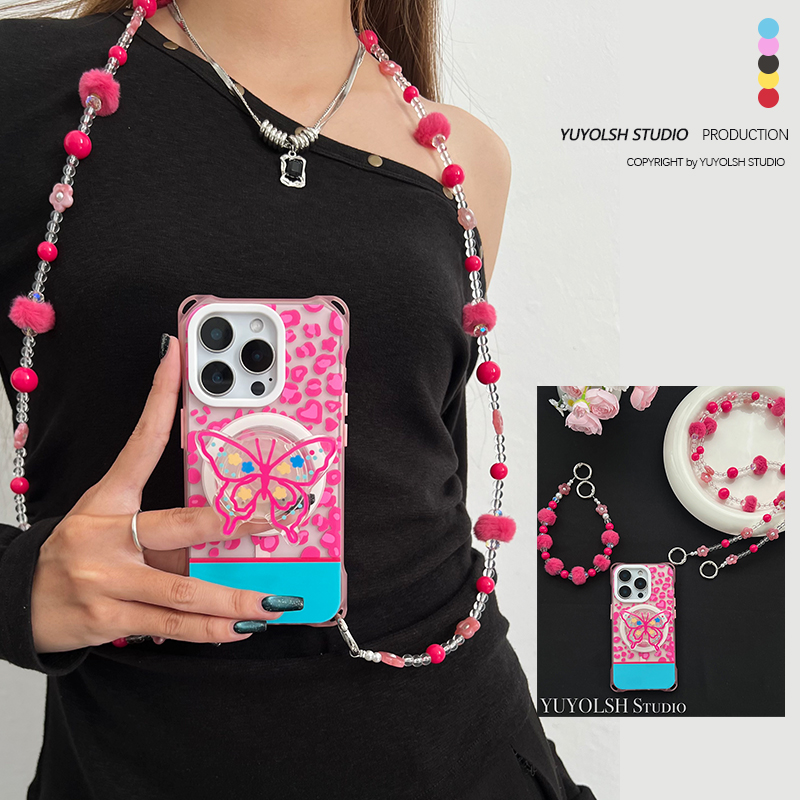 豹纹蝴蝶磁吸支架手机壳斜挎挂链