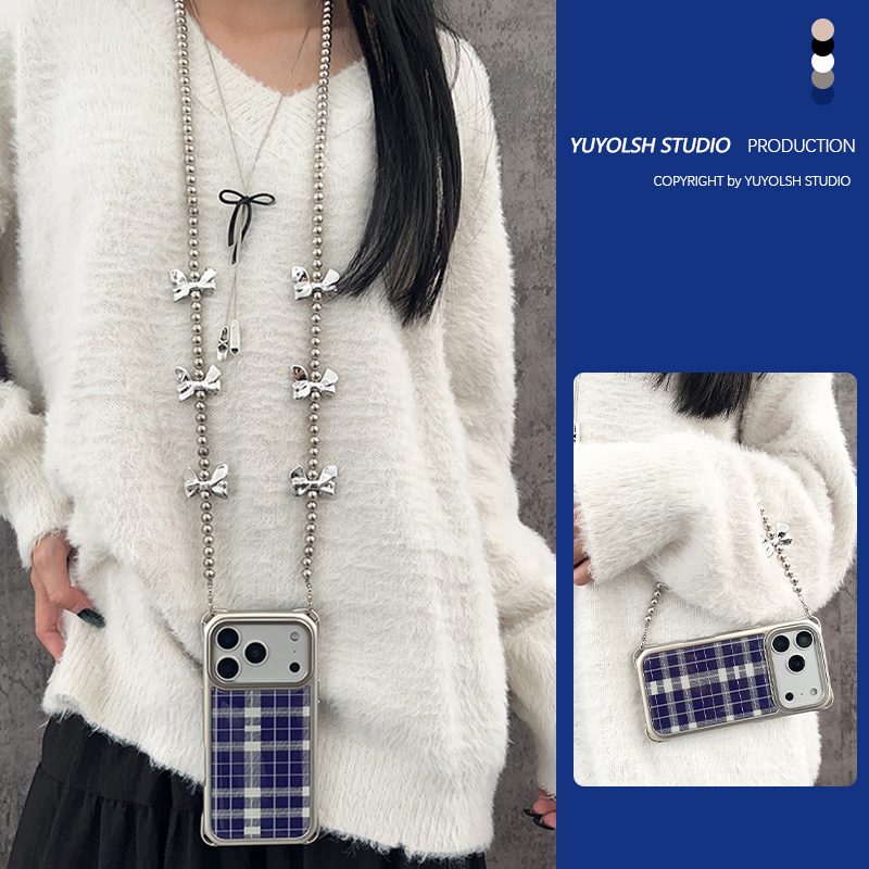 牛仔蓝格纹滴胶手机壳斜挎手提链