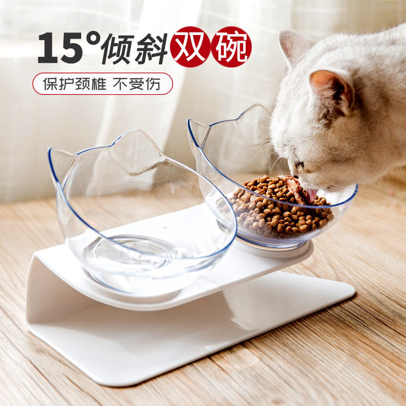 猫碗双碗斜口透明双碗护颈倾斜猫食盆非陶瓷猫咪碗狗饭碗