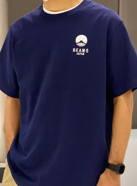 日单beams effect富士山刺绣潮牌圆领纯棉短宽松重磅男女同款t恤