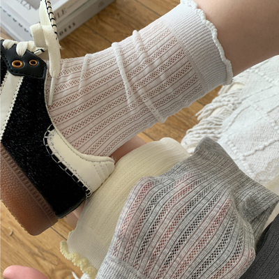 白色木耳花边芭蕾风中筒袜子女ins潮夏季薄款网眼镂空透气堆堆袜