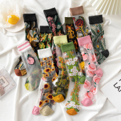 玻璃丝袜子女春夏季 透明中筒袜韩国ins潮复古向日葵水晶长袜 薄款