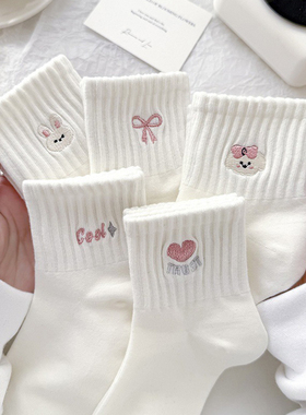 白色袜子女中筒袜春夏款可爱蝴蝶结短袜韩系粉色卡通堆堆袜夏天