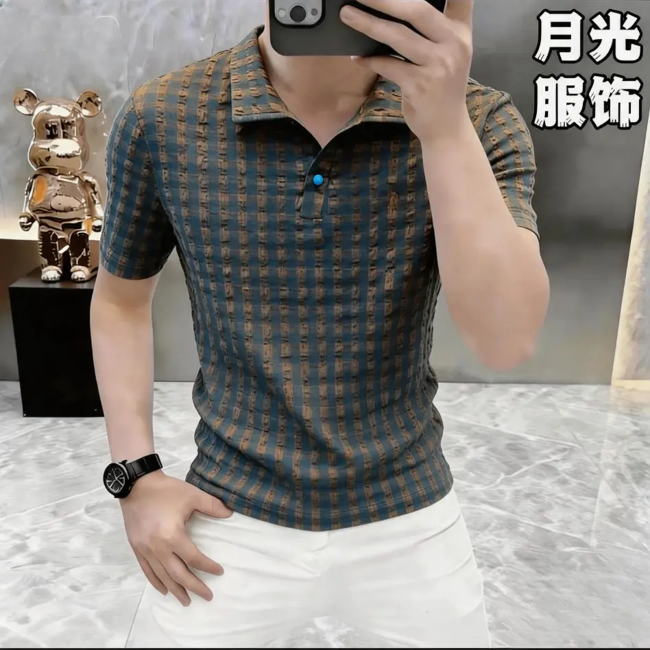 月光潮男服饰夏季男士新款个性简约撞色格子男痞帅短袖T恤POLO衫