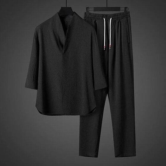 宏嫩男装中国风夏季新款男士冰丝复古休闲宽松禅服薄款半袖套装男
