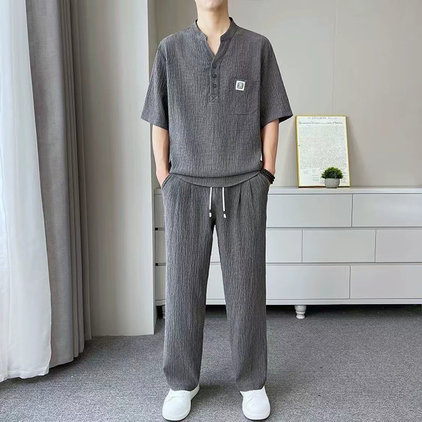 陆海丰百货商行男装男士高级感休闲轻奢两件套夏季薄款短袖套装潮