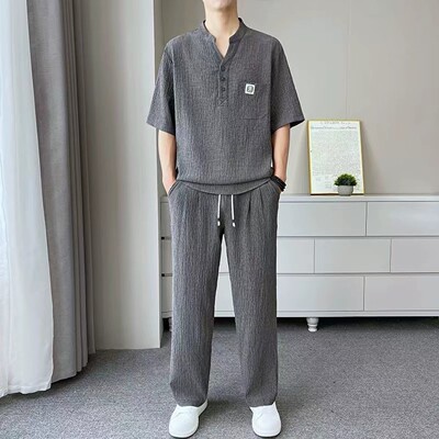 陆海丰百货商行男装男士高级感休闲轻奢两件套夏季薄款短袖套装潮