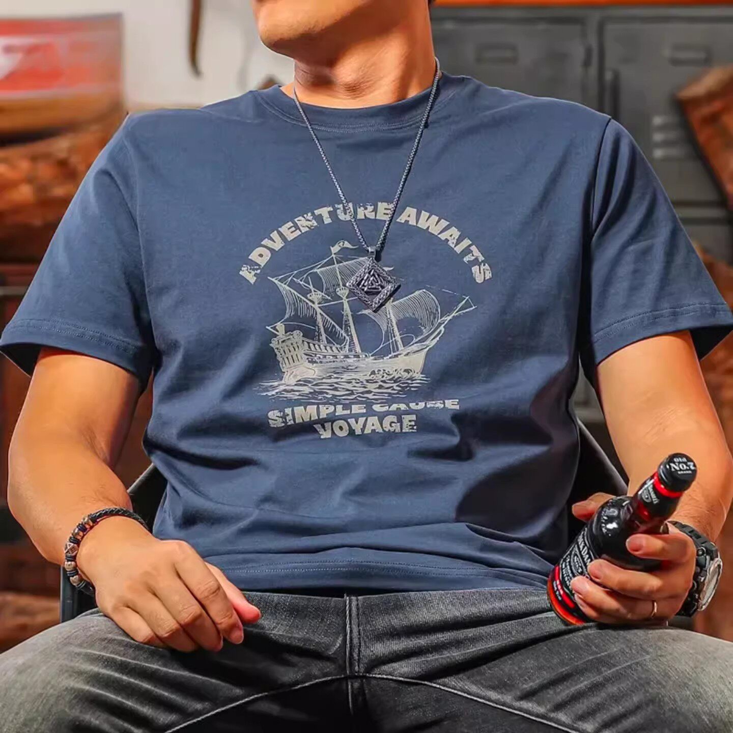 云霄县玟若百货店男装高档夏季男士短袖t恤2026新款帆船印花半袖