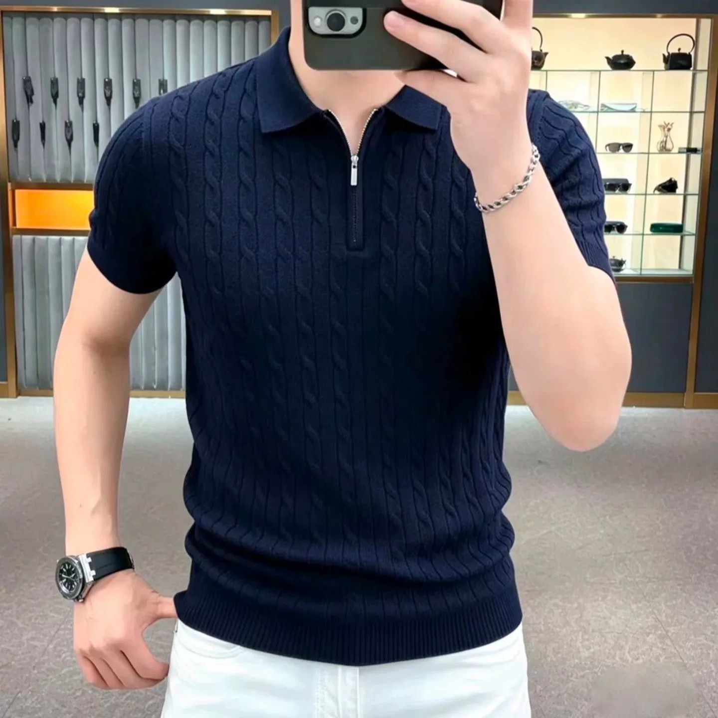 天骏男装高档翻领半拉链针织短袖T恤Polo衫男士夏季时尚潮流开衫