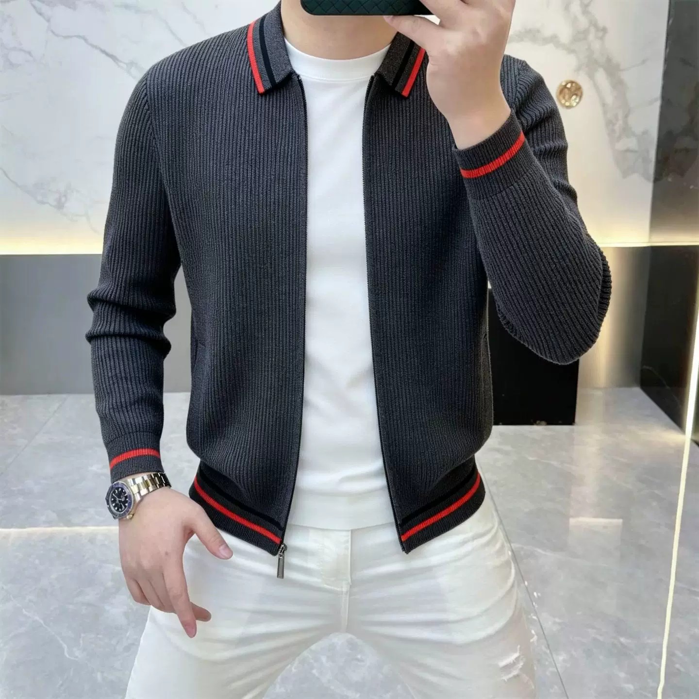 酷爵士时尚男装欧货高端针织拉链开衫秋季新款男士翻领毛衣外套潮