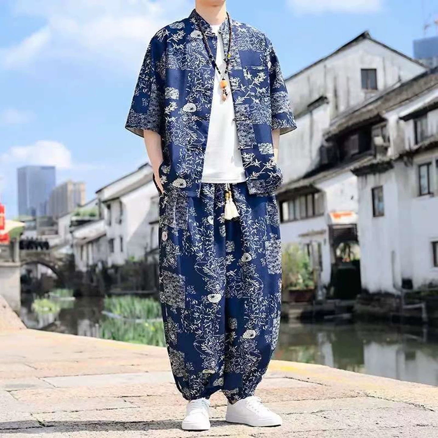 恒之智甄选男装夏季新款中国风冰丝印花套装男士短袖衬衫两件套潮