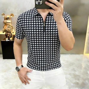 笔迈服装店欧洲站轻奢男装经典千鸟格半拉链翻领短袖修身潮流上衣