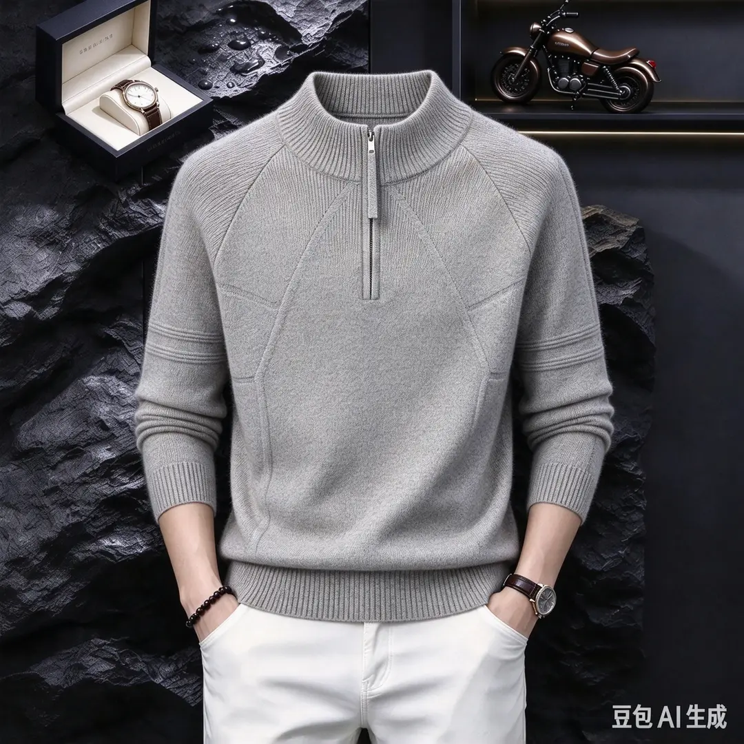 百搭轻语优选山羊绒秋冬男保暖立领针织衫半拉链纹理提花长袖毛衣