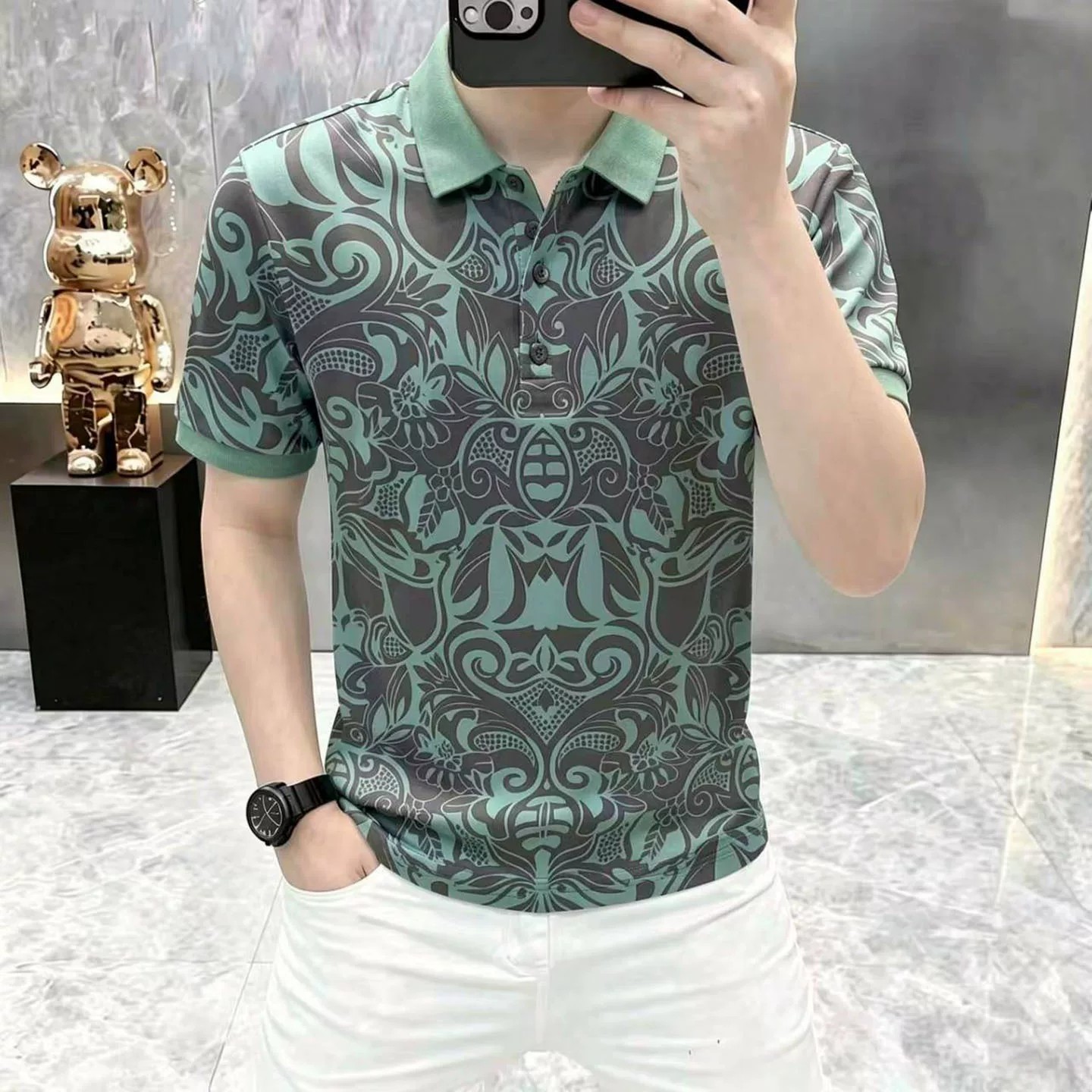 芙霖男装男士新款夏季短袖T恤欧货轻奢修身欧版轻奢提花POLO衫潮