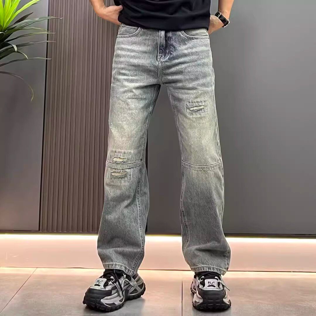 潮狼服饰春秋膝盖拼接假破洞补丁窄版直筒男牛仔裤个性潮百搭痞帅