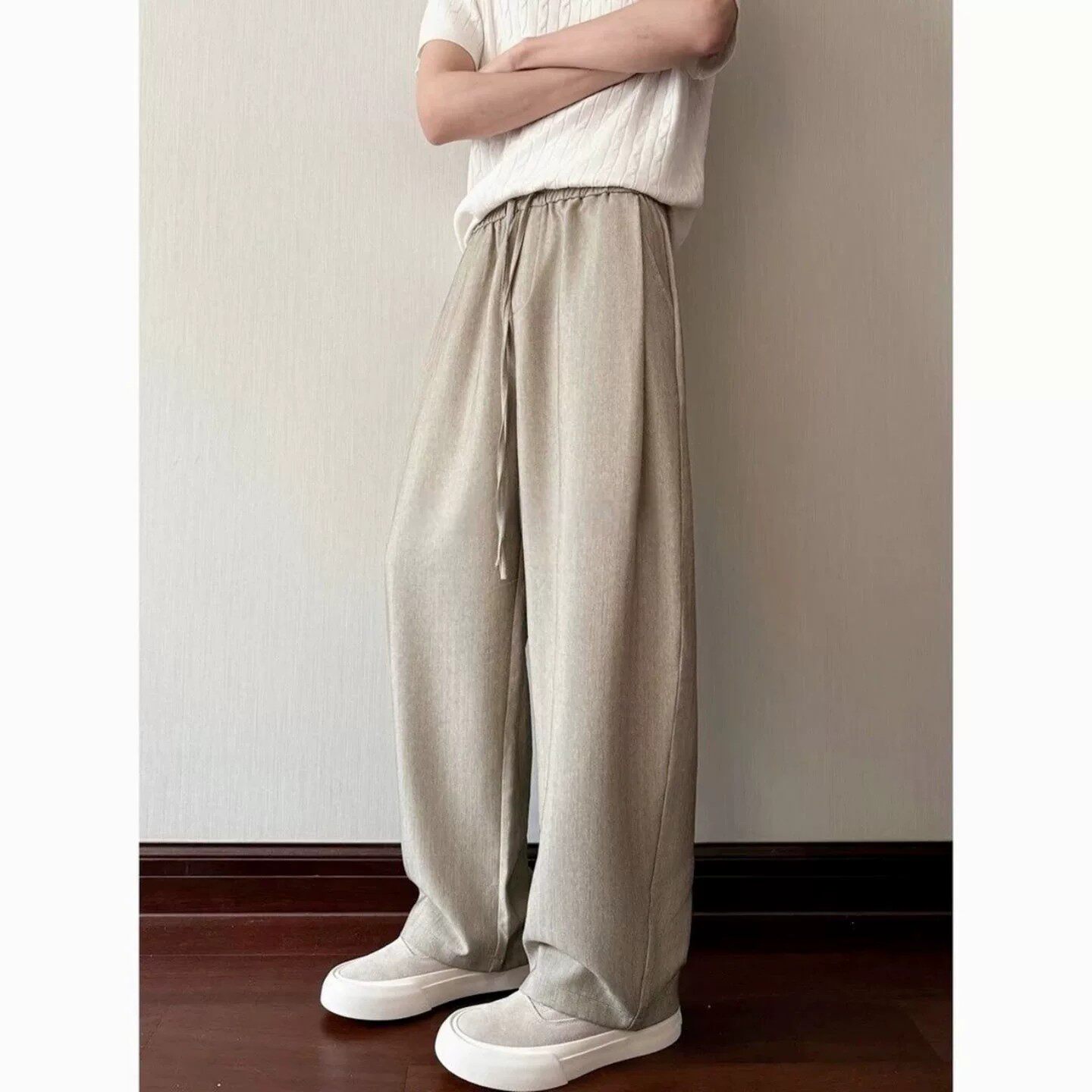 宏嫩男装夏季老钱风休闲裤男士新款宽松高级感薄款松紧腰直筒裤子