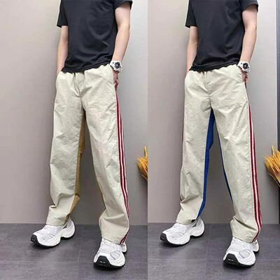 今泽服饰男裤轻奢复古拼接撞色休闲裤夏季男士三条杠宽松直筒长裤