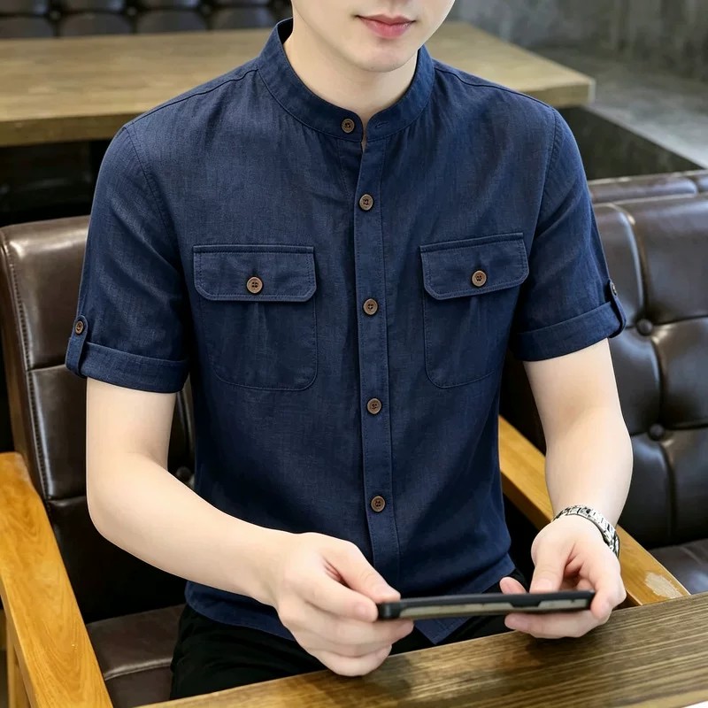 维乾男装高档轻奢夏季新款立领工装衬衫短袖男士休闲时尚百搭衬衣