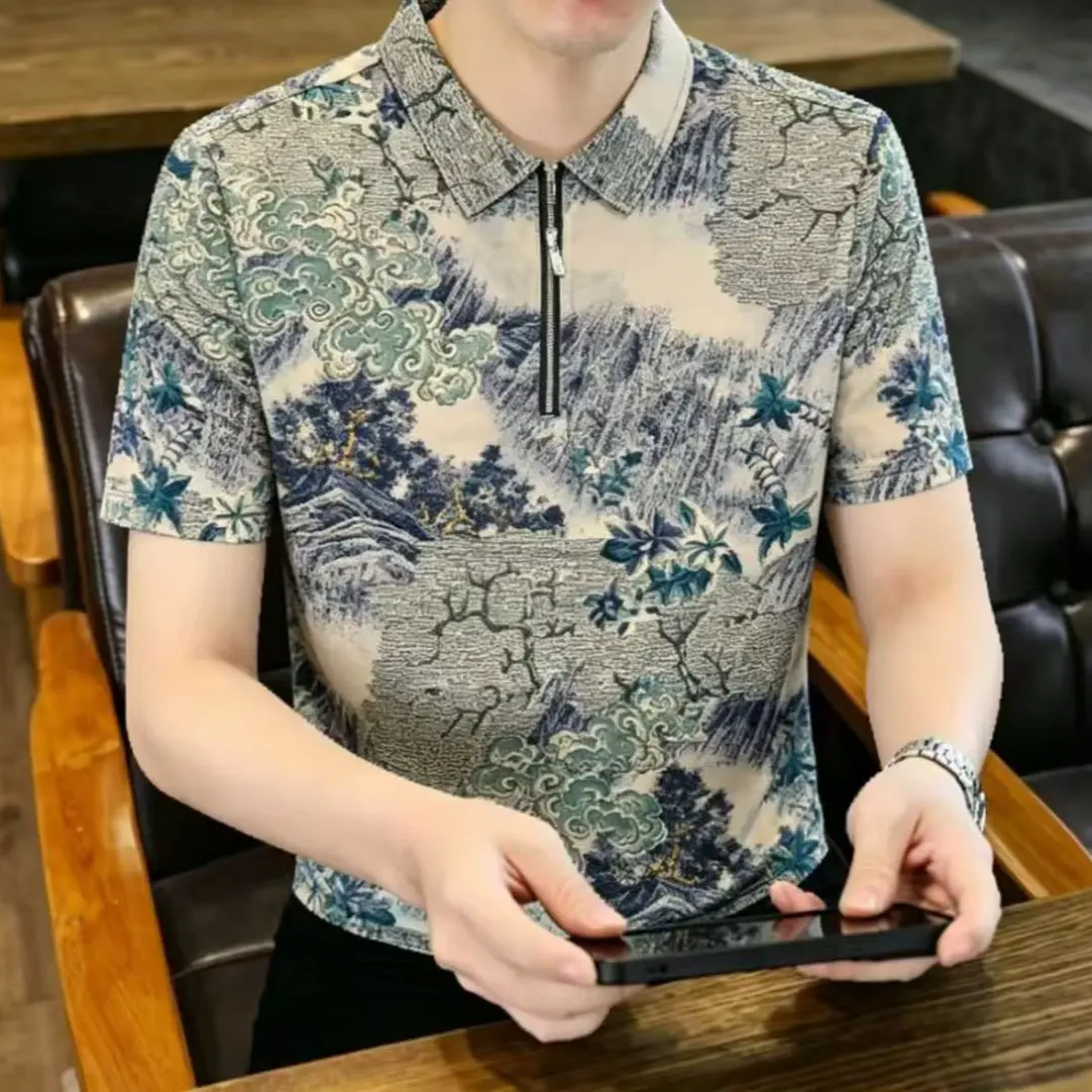 Prime欧货男装夏季薄款男士冰丝短袖时尚半袖圆领修身印花水墨画