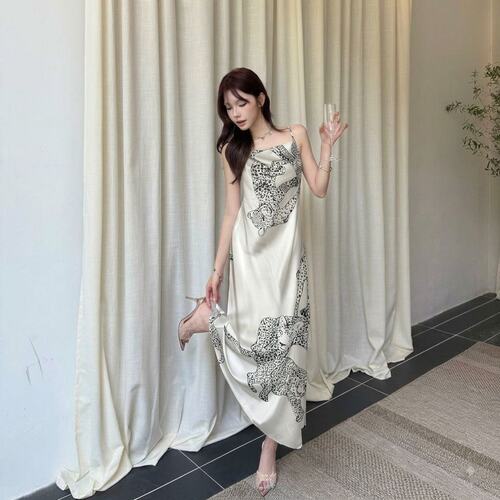 印花豹子接拼纯欲风长裙家可外穿