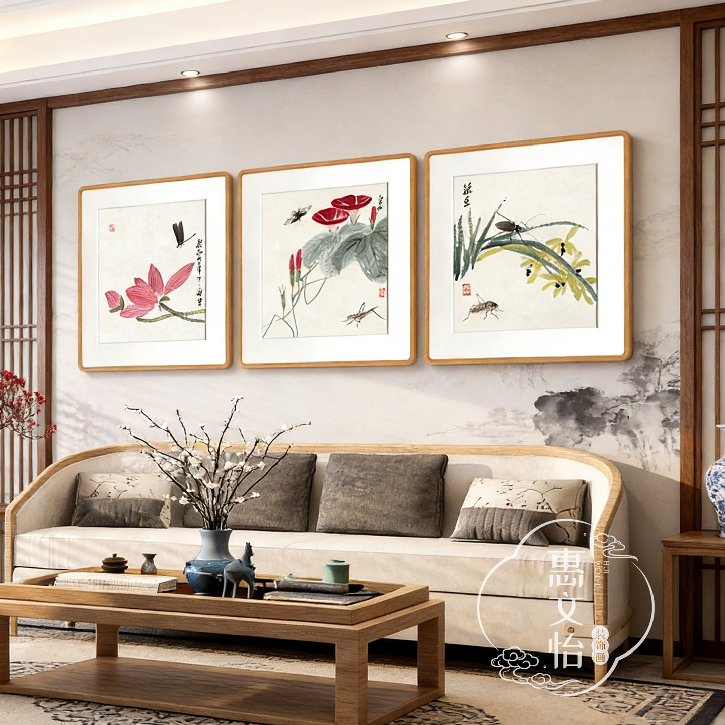 齐白石新中式饭厅装饰画方斗画客厅挂画国风餐厅饭店包间荷花国画