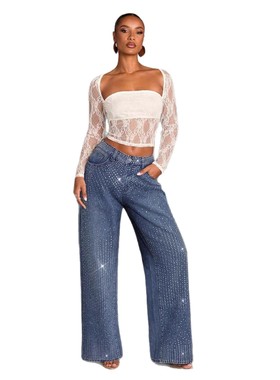 Stitched diamond-patterned jeans中腰弹力烫钻显瘦直筒牛仔裤女