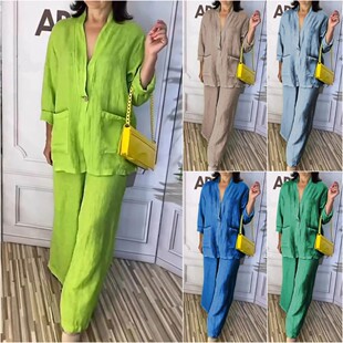 Cotton and linen long pants set 纯色大码长袖衬衫棉麻套装长裤