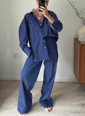 法式蓝色条纹衬衫长裤套装女 Striped long-sleeved shirt slacks