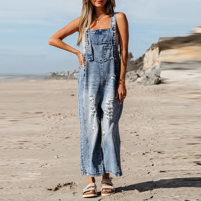 纯色牛仔背带裤女款街头破洞