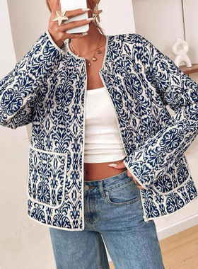 Charming printed jacket coat小香风时尚气质休闲印花夹克外套女