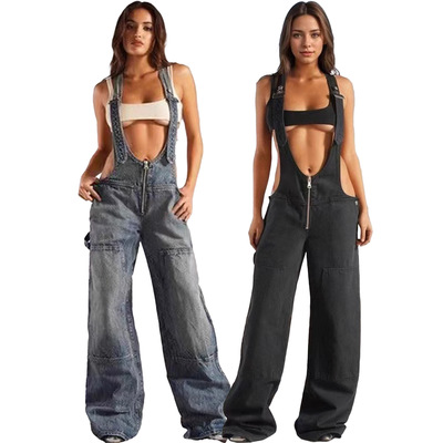 个性背带连体牛仔裤阔腿吊带裤