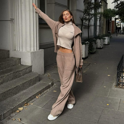 针织衫开衫毛衣套装阔腿长裤