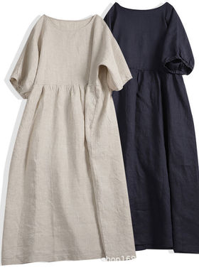 Plus-size loose cotton and linen dress大码短袖宽松棉麻连衣裙