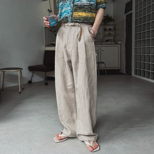 Linen loose wide-leg trousers 亚麻男士宽松阔腿裤韩系拖地长裤