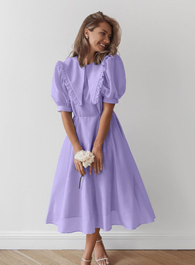 娃娃领连衣裙紫色短袖气质优雅A字长裙 Short-sleeved long dress