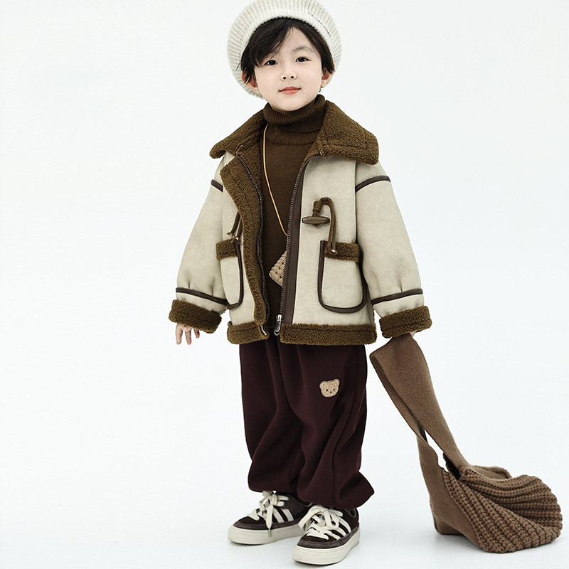 男童外套冬装2025新款儿童装宝宝加绒加厚潮保暖皮毛一体小童皮衣