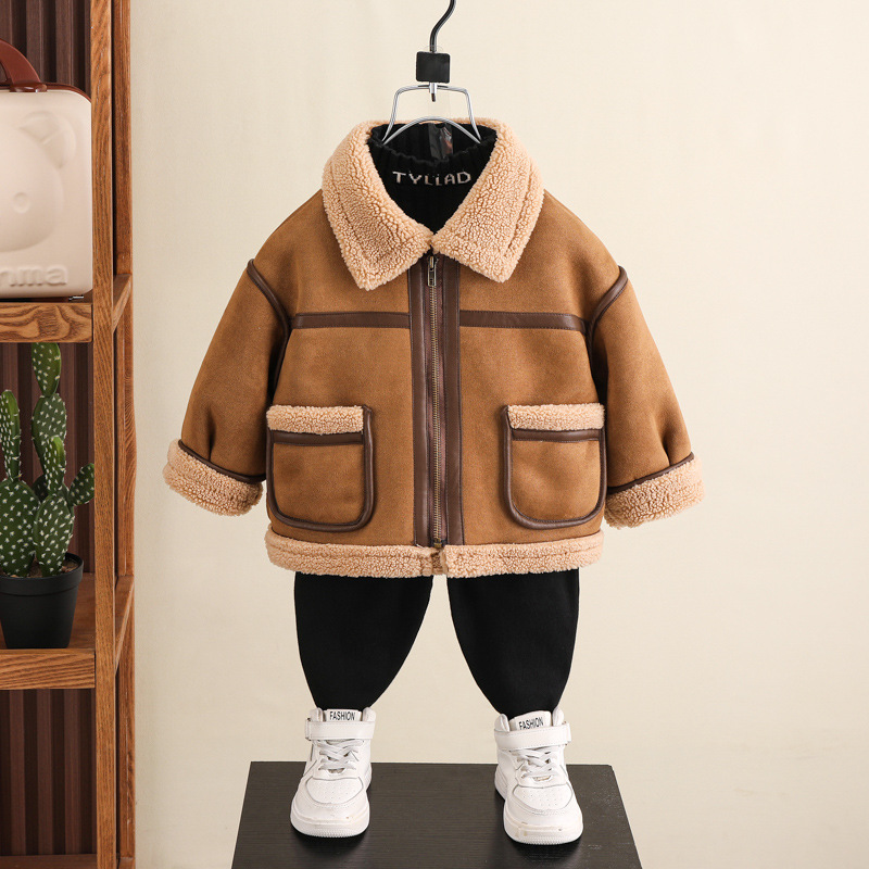 男童外套秋冬款2025新款儿童装加厚皮毛一体男孩宝宝冬装毛呢大衣