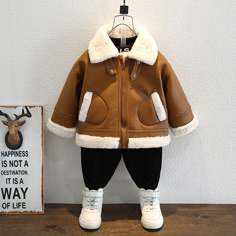 童装2025新款男童冬装皮毛一体潮牌休闲洋气毛领冬款加绒加厚外套