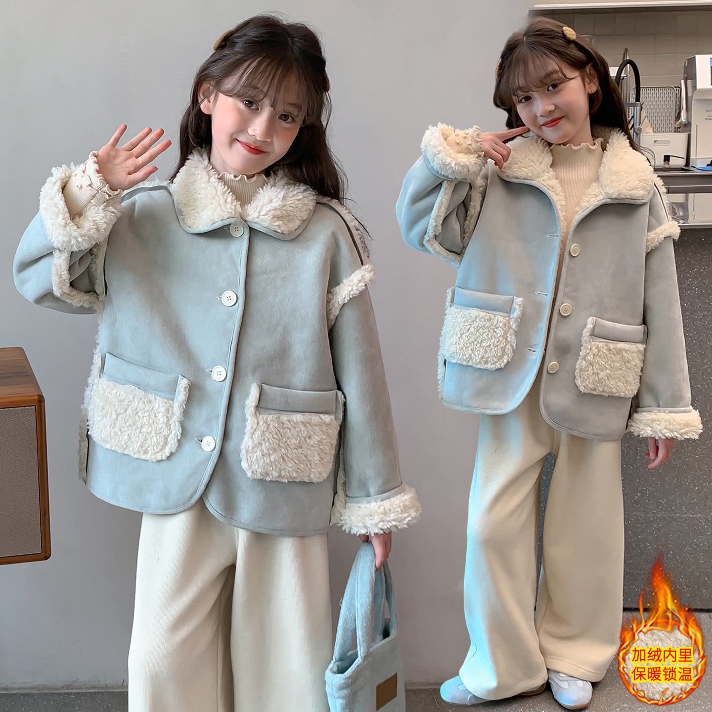 儿童装加绒加厚外套冬装2025新兰韩版洋气人造毛皮一体保暖潮上衣