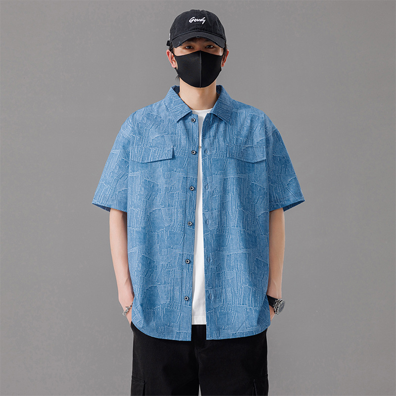 男士日系大码短袖衬衫夏季胖男生加肥加大宽松五分袖翻领衬衣男款