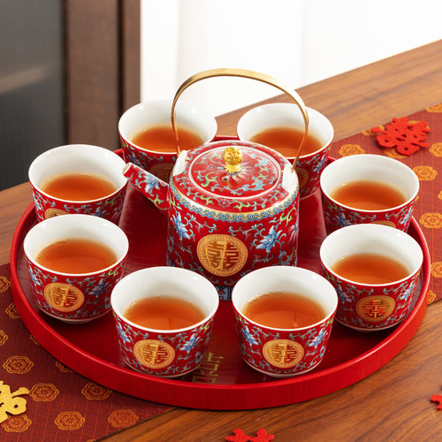 唐呈珐琅彩结婚茶具茶壶茶杯