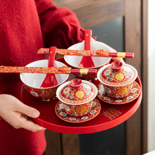 唐呈结婚碗筷喜碗套装珐琅彩新婚夫妻碗一对改口敬茶杯婚庆陪嫁