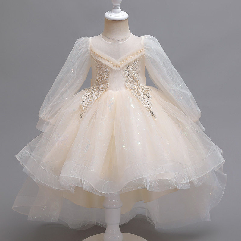 儿童夏季蓬蓬裙婚纱礼服拖尾裙子花童装灯笼袖女孩子童裙一件